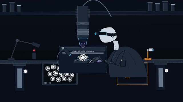 Motion graphics animation of a gemologist analyzing a synthetic diamond revealing identical atomic structure and physical properties but dropping in market value due to limitless lab grown supply