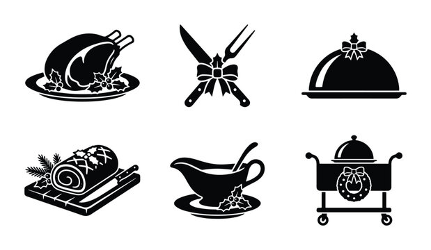 Christmas dinner icons set with roast turkey, Yule log, gravy boat, serving trolley and cutlery for holiday meals