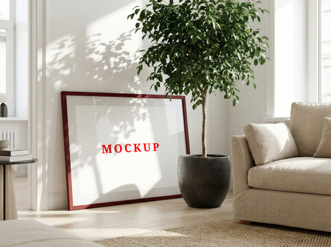 Horizontal wall art mockup in a modern minimalist living room.