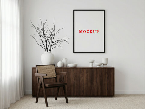Modern house interior poster frame mockup for wall decor.