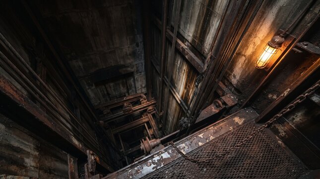 High angle view inside an old dark industrial elevator shaft with rusty metal and a glowing light