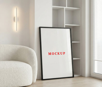 Minimalist canvas poster mockup in a modern living room.
