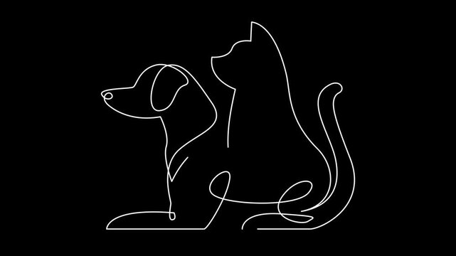 Single Line Drawing Animation of Dog and Cat Sitting Together on Black Background, Minimalist Pet Line Art