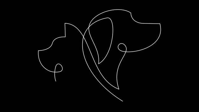 Continuous Line Drawing Animation of Dog and Cat Heads on Black Background
