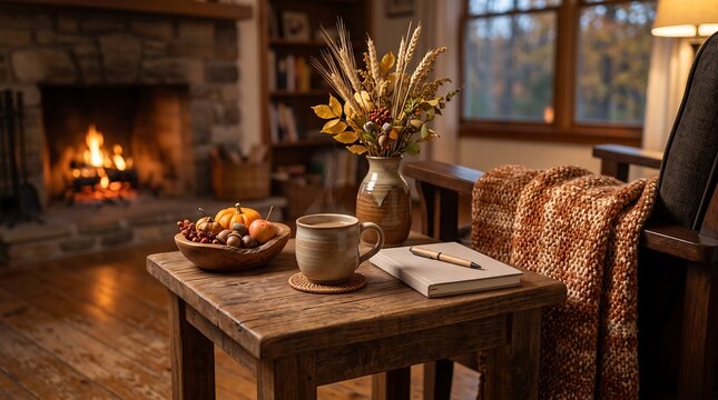 A cozy autumn scene featuring a warm cup of coffee, a notebook with a pen, and a bowl of pumpkins and acorns on a rustic wooden table by a glowing fireplace