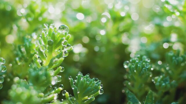 Macro shot of dewdrops glistening on vibrant green succulent leaves in morning light