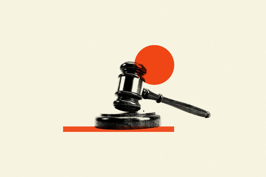 Wooden judge gavel on round sounding board in legal collage