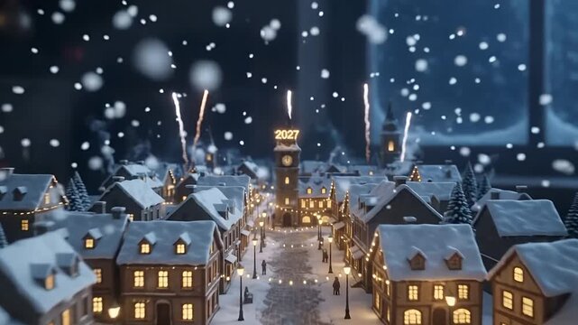 Cinematic animation of a festive miniature village inside a snow globe celebrating the arrival of New Year 2027 with vibrant fireworks.