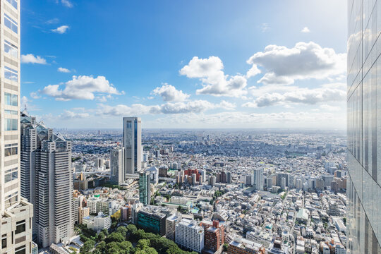高層ビルの間から望む緑豊かな公園と東京の街並み