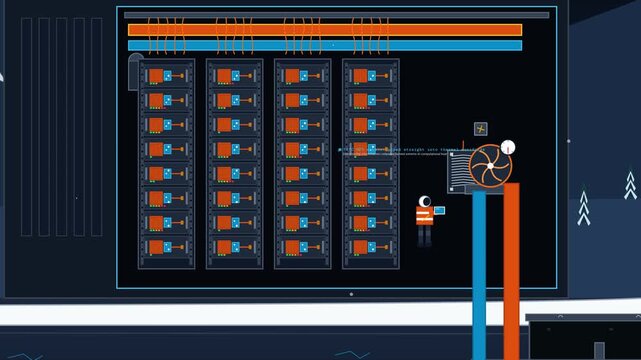 2D animated explainer of waste heat recovery from a server farm transferred via a closed loop to provide zero fossil heating for a municipal greenhouse growing winter crops and food