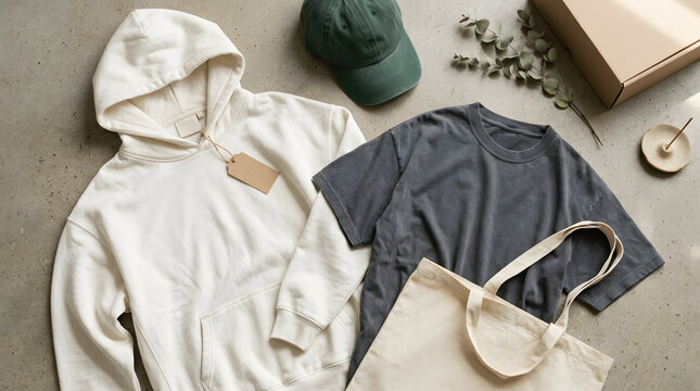 Minimalist fashion flat lay featuring a white hoodie, charcoal t-shirt, green baseball cap, and canvas tote bag for e-commerce branding