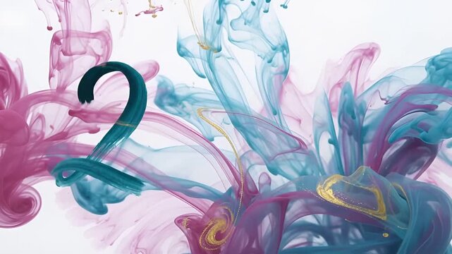 Artistic New Year 2027 Calligraphy Reveal with Pink and Blue Ink Swirls and Gold Glitter.