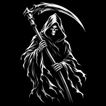 Grim Reaper with scythe, dark gothic illustration of death on black background