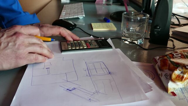 Close up shot of an accountant working with a calculator and simple sketches on paper. Detailed indoor view of a professional desk setup during a routine office workday under soft lighting.