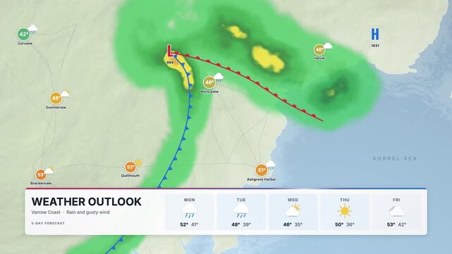 Broadcast weather map with rain bands and moving fronts over a fictional coast, five-day outlook panel