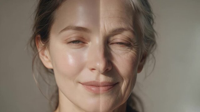 Split face portrait of a woman showing young and aged skin side by side. Before and after aging comparison with wrinkles on one half. Anti aging skincare, beauty and time
