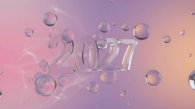Elegant 3D glass typography of the year 2027 floating with bubbles on a pastel background.