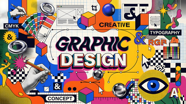 Vibrant graphic design banner with retro colorful elements, typography, and creative art tools