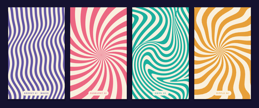 retro psychedelic optical illusion swirl poster cards, red and white rotating hypnotic pinwheel sunburst, green warped dynamic optical vortex spiral banner, vintage seventies pop art psychedelic hypno