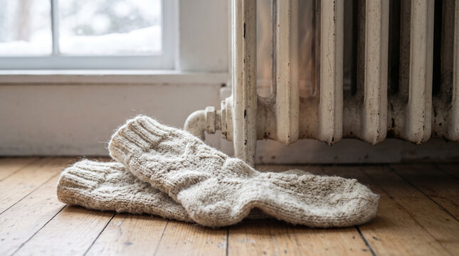 Pair of wool socks resting beside softly heated radiator, winter light through blurred window. Close-up.
