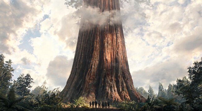 Massive redwood tree reaching into clouds, tiny people below, cinematic scale