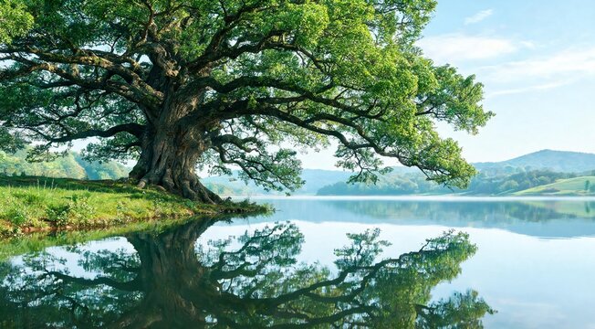 Ancient tree beside a quiet lake, gigantic canopy reflected in crystal-clear water