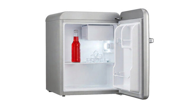 Compact Silver Mini Fridge Open with Red Soda and Ice Cubes