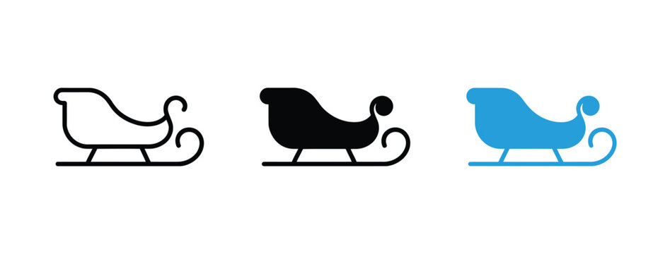 Christmas sleigh icon set, three styles, outline, solid, blue illustrations, winter holiday graphics, isolated vector design