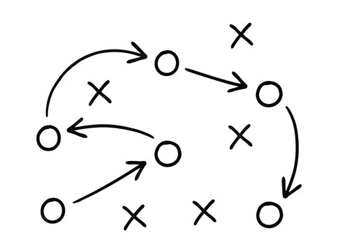 Football playbook vector icons featuring hand drawn soccer tactics, X and O formations, strategy diagrams, and coaching game plans