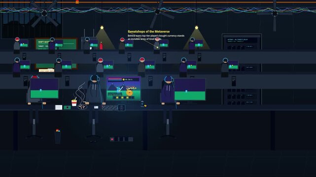 2D animation of a virtual sweatshop where digital laborers engage in gold farming for the metaverse economy, highlighting the dark side of online gaming and cheap cyber exploitation