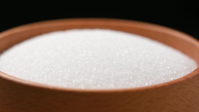 Wooden bowl filled with white granulated sugar rotating on black background