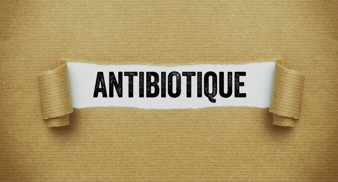 Torn paper revealing the word Antibiotic in french