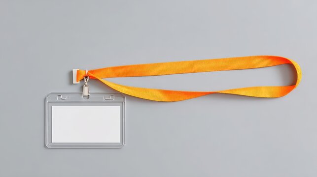 Orange lanyard holds transparent ID badge holder with blank white card. Clean minimalist design perfect for branding, identity, and access. Use for event pass, work ID, or membership card mockup. 