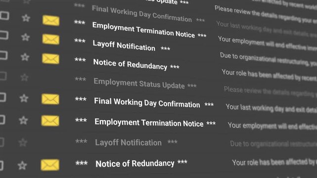 Layoff Email Notification, email scrolling list closeup on dark theme. termination letter, job loss, notice of redundancy, employment status update, human resource. 4k video