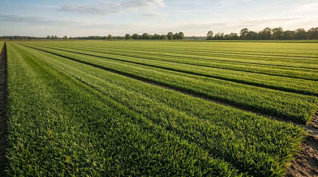 Lush green grass sod farm with parallel rows stretching toward a distant forest at sunset