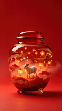 Red Chinese Style Glass Jar, Inside with Sheep, Ancient Pavilion and Glowing Lanterns, Festive Art