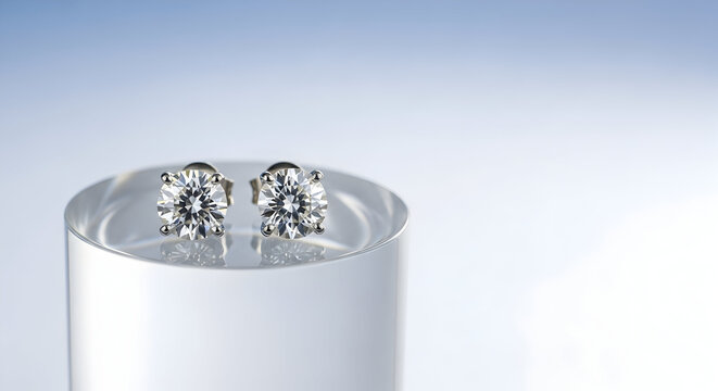 Sparkling diamond stud earrings presented on a clear acrylic pedestal, radiating luxury and timeless elegance for special occasions.