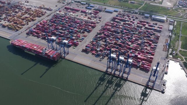 Aerial view of container ship docking at hai phong port