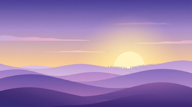 Serene sunset over rolling hills with silhouetted forest at dusk
