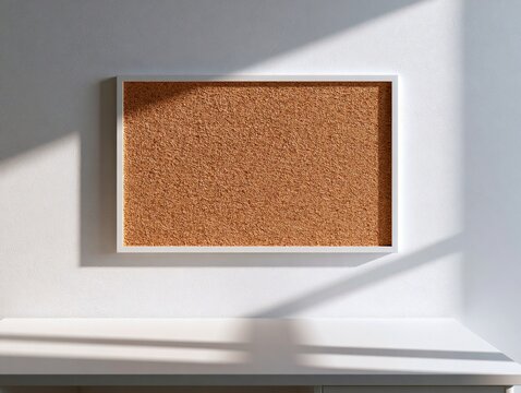 Blank corkboard hanging on a plain white wall above a clear desk