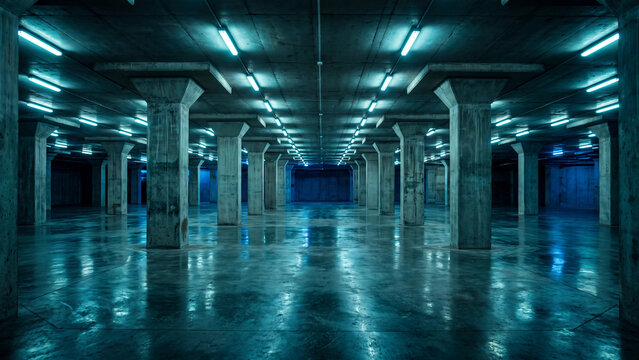 Vast empty concrete underground parking garage illuminated by glowing neon blue overhead fluorescent strip lighting fixtures
