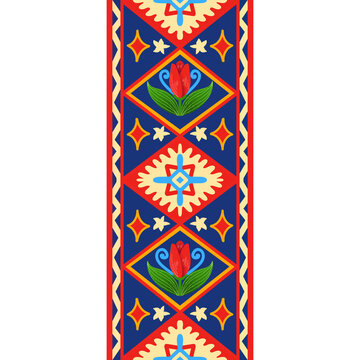 Seamless turkish border pattern with red tulips anatolian kilim ornament and ottoman geometric motif illustration