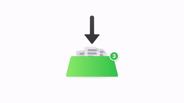 Animated icon of a batch download process with files plunging into a green tray and a counter.