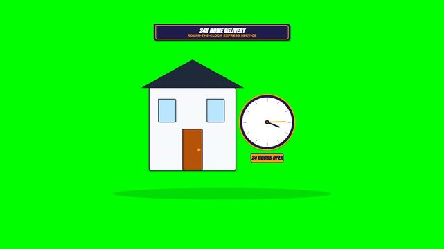 Home recovery service animation on chroma key green screen house with clock icon representing emergency support and maintenance nonstop 24 hours urgent repair availability