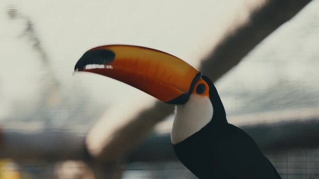 Toco Toucan Bird With Massive Orange-Yellow Beak. Close-up Shot
