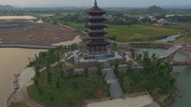 Aerial view of pagoda zoe mascot in vietnam at sunset
