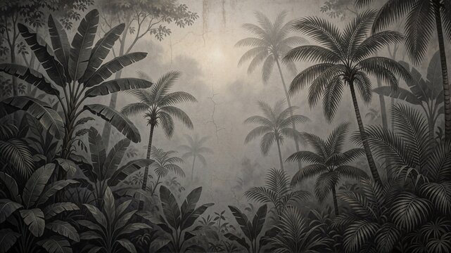 Vintage Grayscale Tropical Jungle Wallpaper Illustration