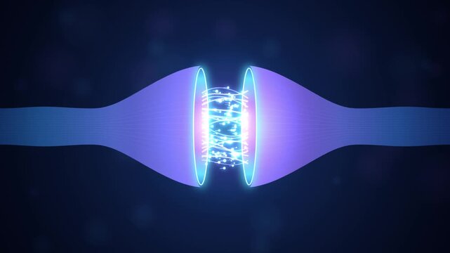 Abstract synapse animation showing neural electrical signals on dark blue background.