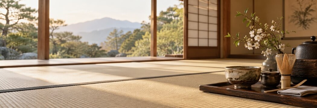 Serene japanese tea room interior with tatami mats and mountain view for zen meditation and traditional ritual practice environment