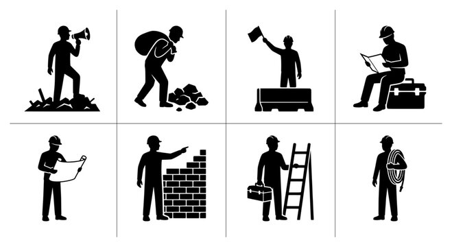 Construction worker silhouettes set with megaphone, rubble, flagman, blueprint, bricklaying, ladder and cable for signage or infographic